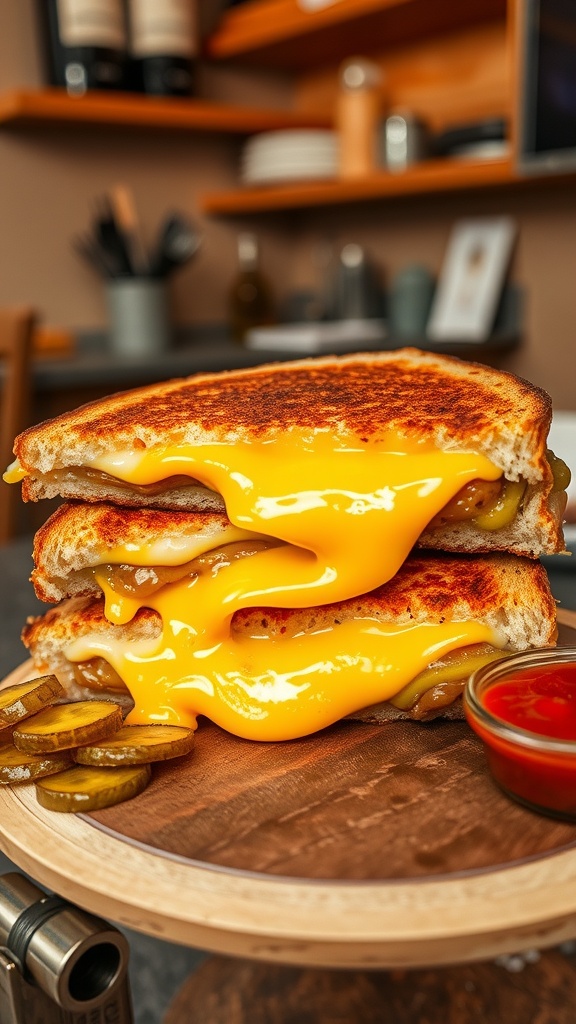 A grilled three cheese sandwich with melted cheese, served on a wooden board with pickles and marinara sauce.